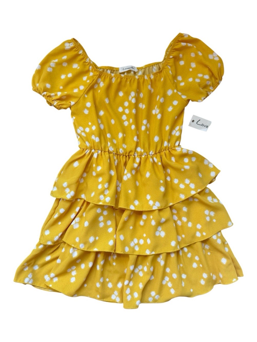 Girls Yellow Tiered Ruffle Dress | Puff Sleeve Party Dress Size Medium 7/8